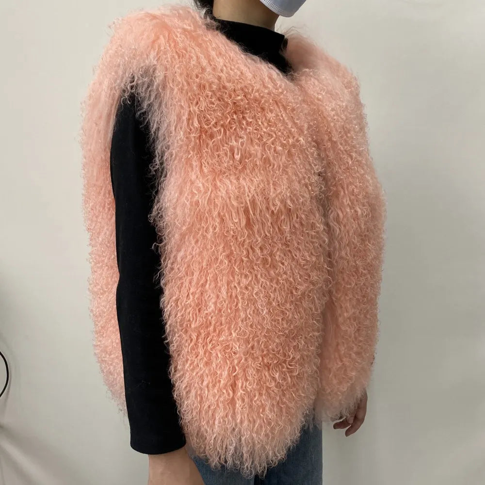 Women's Luxurious Fluffy Warm Mongolian Sheepskin Short Vest Coat Spring Autumn Sexy Wool Outerwear New Collection - Matrix Studios