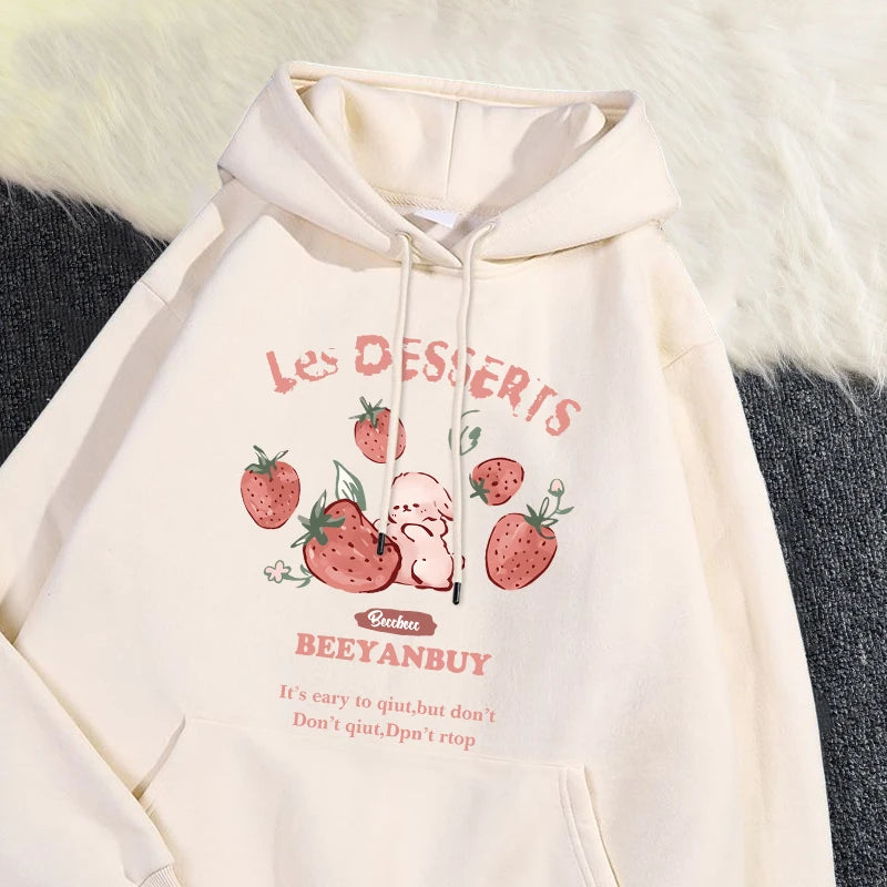 Fashion Women'S Hoodie Cute Strawberry And Rabbit Printed Sweatshirt Pocket Soft Warm Breathable Pullover Autumn Winter Hoody - Matrix Studios