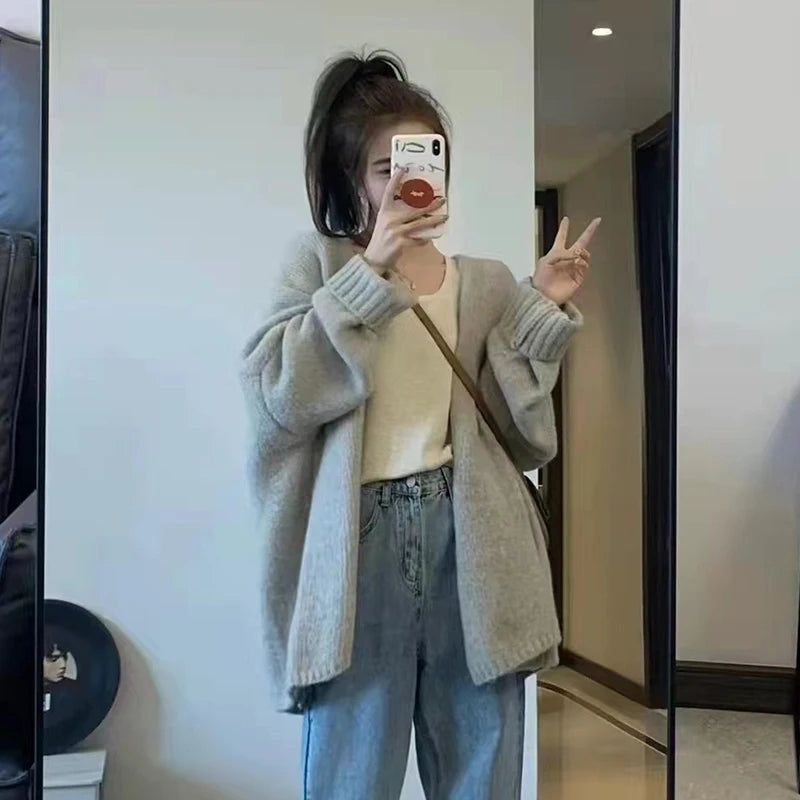 Korean Balloon Sleeve Knit Cardigan Women Korean Solid Color Loose Sweater Coat Woman Lazy Wind Soft Warm Cardigans Ladies - Matrix Studios