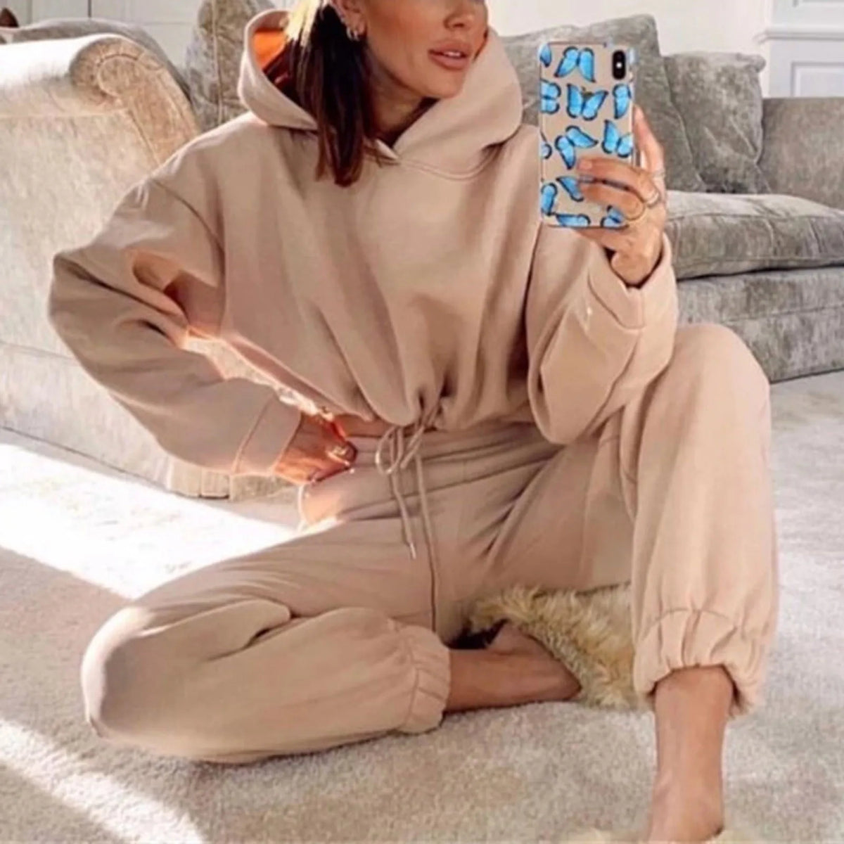 Winter Tracksuit Women Two Piece Set - Oversized Hoodie Sweatpants Solid Color Sportswear Suit |Casual Sweatshirt Trouser Set - Matrix-studios.com