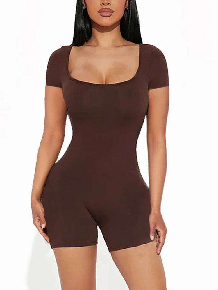 2025 Summer New Women's Sexy Solid Color Short Sleeve U Neck Jumpsuit Short Jumpsuit Yoga Fitness One Piece Polyester - Matrix Studios