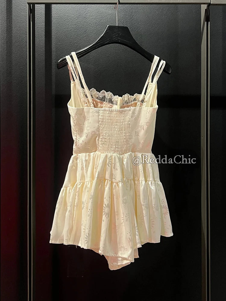 REDDACHiC Floral Satin Women Rompers Stitch Lace Corset Square Neck Buttoned Camisole Mini Dress Pretty Elegant Summer Clothes - Matrix Studios