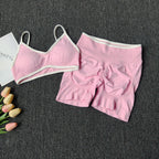 Peach Buttock Yoga Suit Women Gym Seamless Suspender Gathering Bra High Waist Hip Lifting Belly Tightening Shorts Fitness Set - Matrix-studios.com