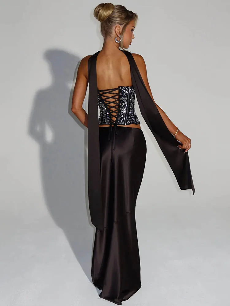 Mozision Sequins Sexy Dress Set Women Sparkle Scarf Collar Crop Tops And Maxi Skirt Elegant Club Party Satin Skirt Matching Set - Matrix-studios.com