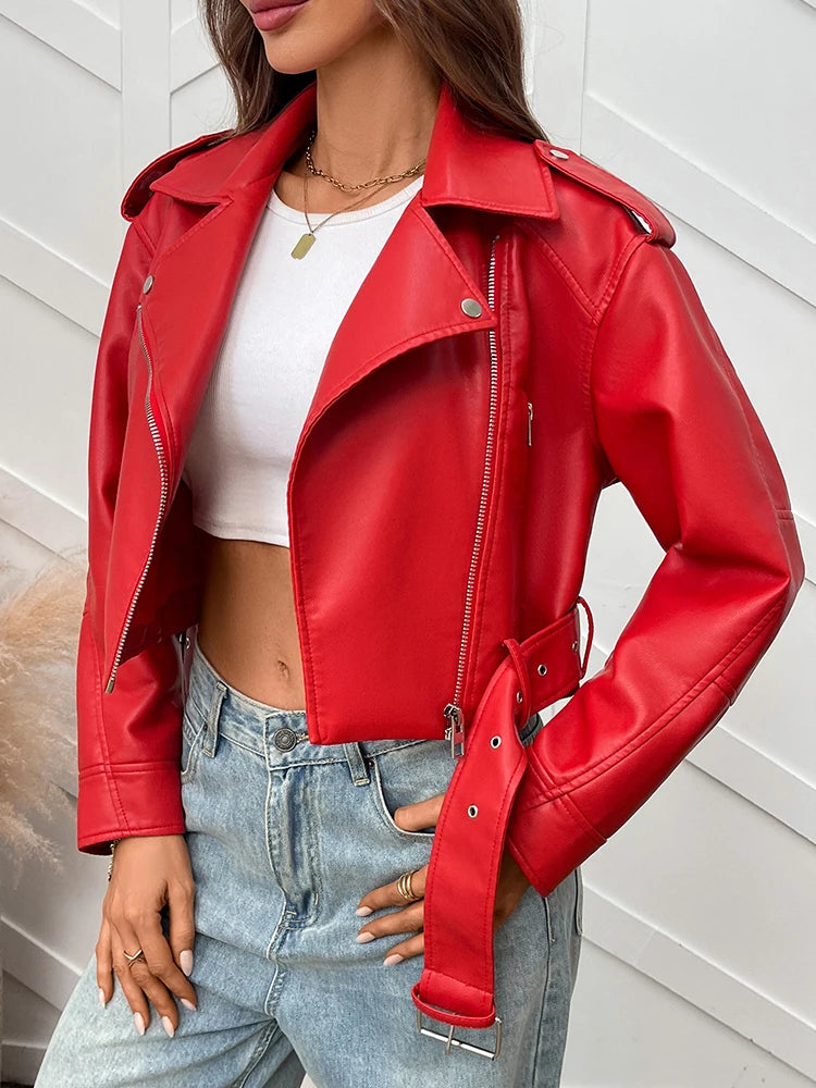 Ailegogo Spring Autumn Women Faux Pu Leather Short Jacket with Belt Motorcycle Biker Female Zipper Lapel Loose Coat Outwear - Matrix Studios