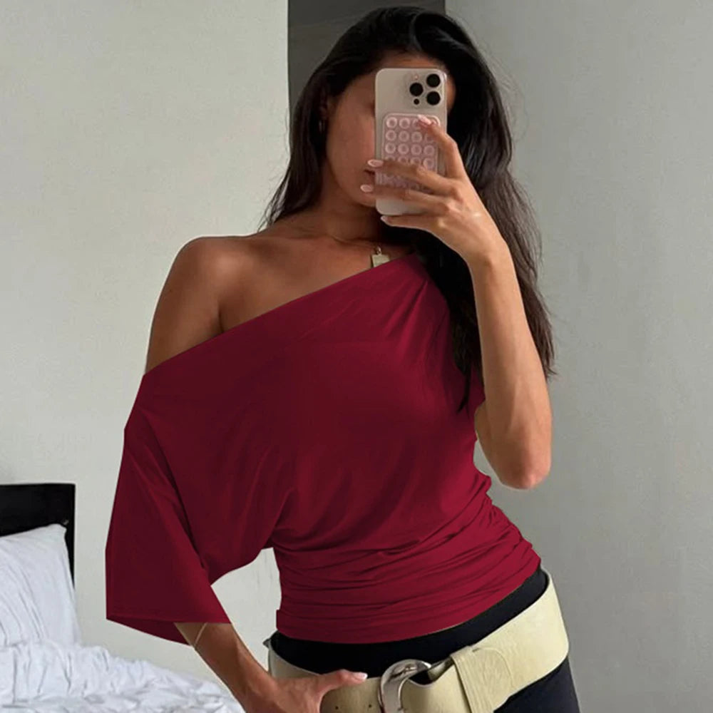 Talenza Summer One Shoulder Tops Fashion Slim Shrink Short Sleeve T-Shirts Sexy Party Y2k Streetwear Solid Pullover Tops Women - Matrix-studios.com