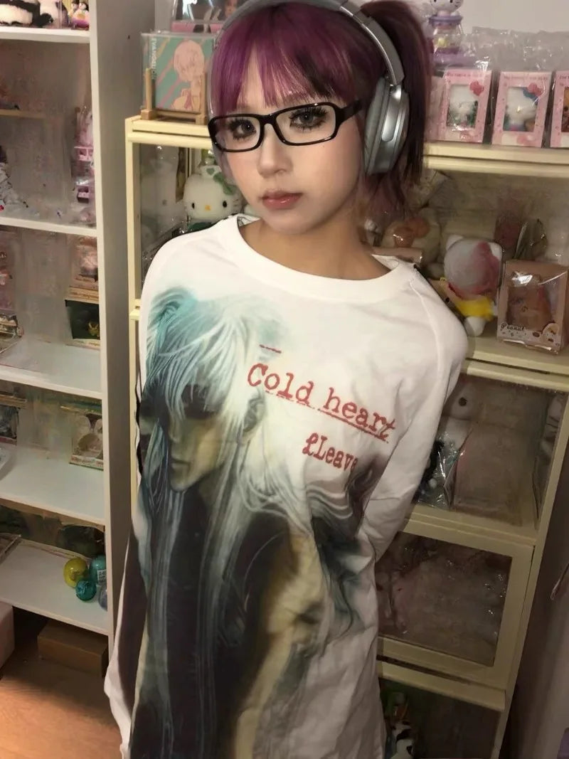 Y2k Aesthetic Gothic Anime Cartoon Print Vintage T-shirt Hiphop Patchwork Streetwear Tops Harajuku Drop Shoulder Casual Tshirts