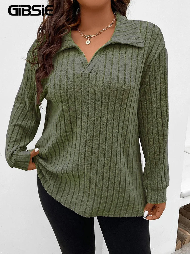 GIBSIE Plus Size Tshirt for Women Spring Fall Polo Collar Long Sleeve T-Shirt Female Casual Ribbed Knit Solid Tee Tops 2023 - Matrix-studios.com