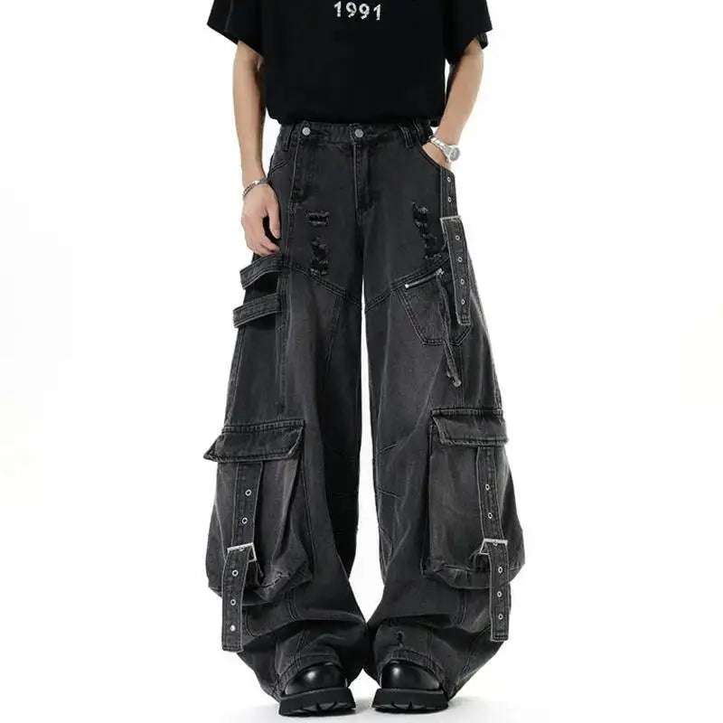 IEFB American Style Men's Jeans Solid Color Multi Pockets Casual Worn-out Trousers Deconstruction Wide Leg Denim Pants 9W4066 - Matrix Studios