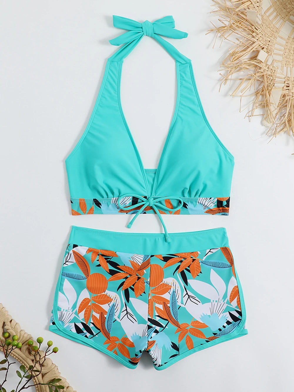 15 Colors Swimwear Women Two-Piece Suit Patchwork Halter Bikini Top With High Waisted Boxer Bottom College Sporty Surfing Suit - Matrix-studios.com