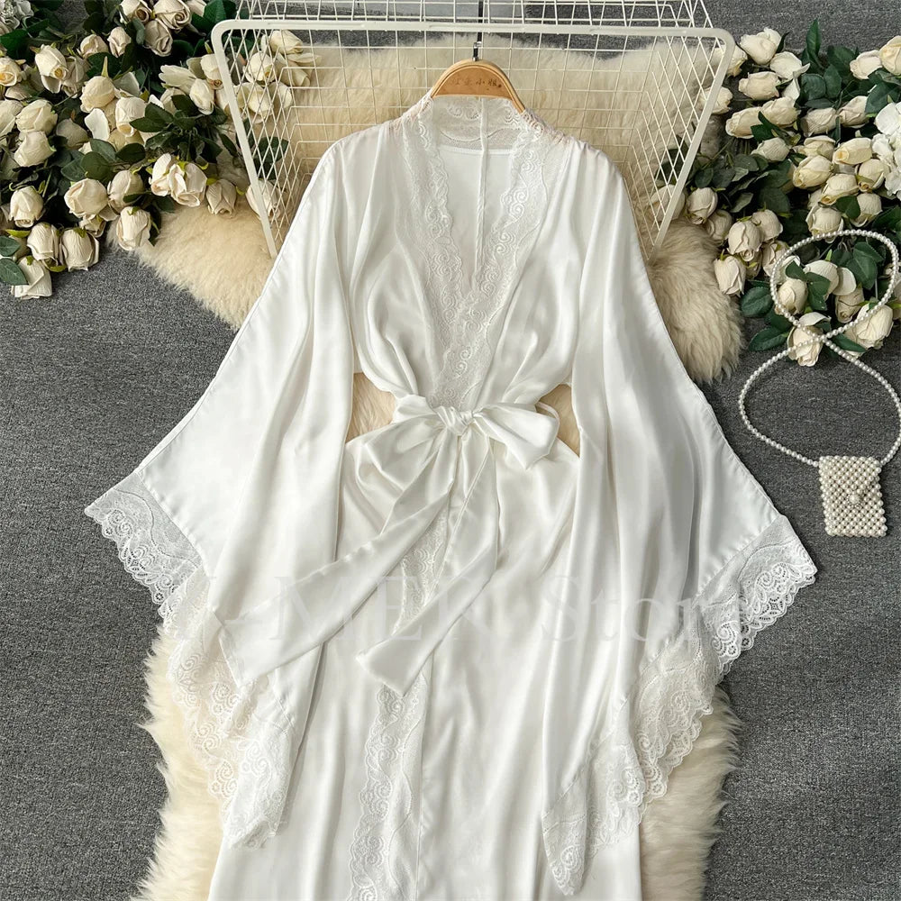 Ultra Long Birde Wedding Robe Dress White Kimono Lady Loose Sleepwear Sexy Big Lace Sleeve Bathrobe Nightwear Rayon Peignoirs - Matrix-studios.com