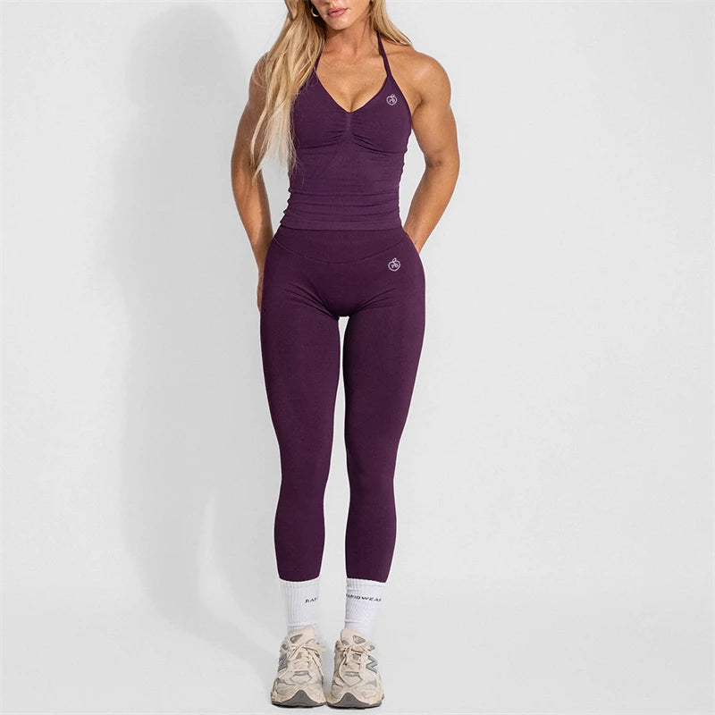 Women's Yoga Set Bum Balance Fitted Halter Tops & Shaping Pants 2pcs Yoga Sportwear Workout Gym Clothing High Waist Leggings Set - Matrix-studios.com