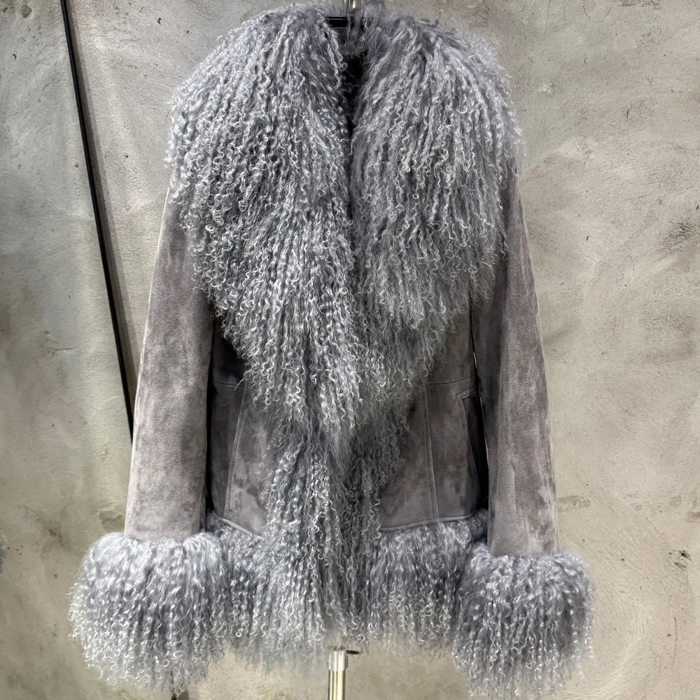 Sheep Collar Coats Women Winter Luxury Mongolian Fur Leather Jackets with Long Sleeve 7251 - Matrix Studios