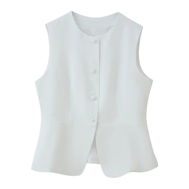 ETJ Autumn 2025 women's elegant fashion solid color round neck vest temperament versatile button up vest - Matrix Studios