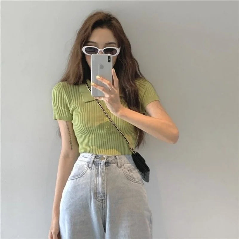 New Polo Women TShirt Ribbed Knitted Sexy Tops Summer Basic Shirts Skinny Slim Casual Short Sleeve Vest Women's Top White Black - Matrix-studios.com