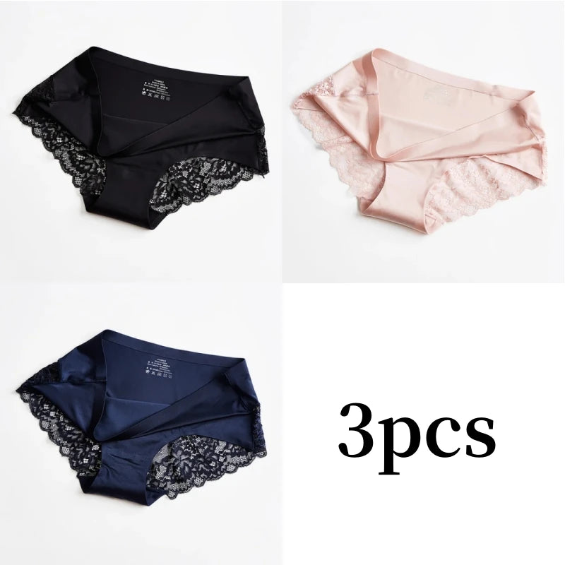 3pcs Lace Women's Panties French Seamless Underwear Female Ice Silk Briefs Solid Color Breathable Underpants Lingerie - Matrix Studios