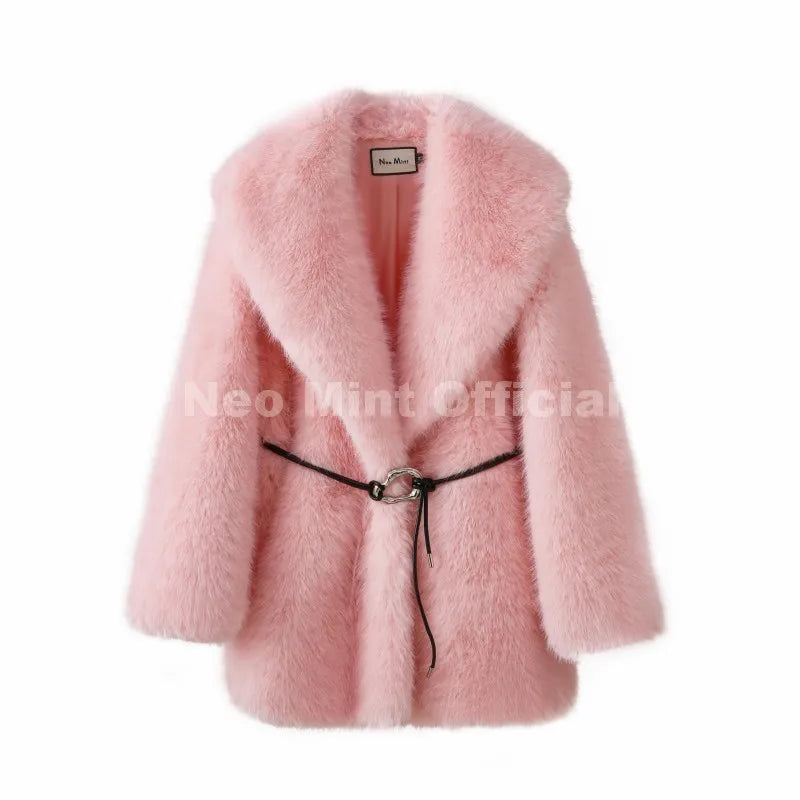 Neo Mint 2025 Winter Hot Brown Belted Faux Fur Coat Women Thick Warm Long Fox Fur Jacket Chic Brand Fashion Girls Furry Overcoat - Matrix Studios