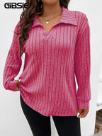 GIBSIE Plus Size Tshirt for Women Spring Fall Polo Collar Long Sleeve T-Shirt Female Casual Ribbed Knit Solid Tee Tops 2023 - Matrix-studios.com