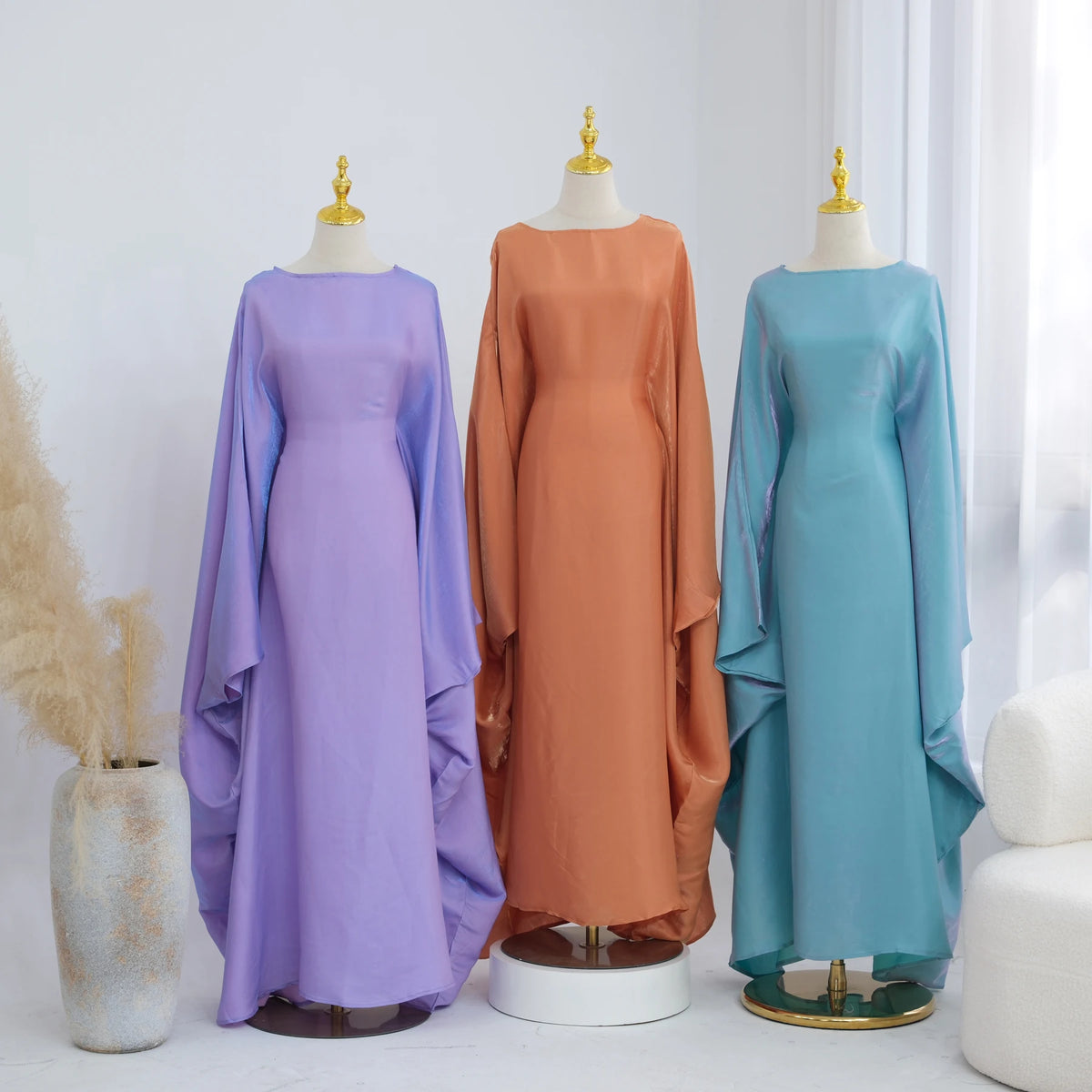 Ramadan Eid Evening Party Shiny Kaftan Dress for Women, Butterfly Sleeves Round Neck Muslim Women Abaya Dubai Islamic Clothing - Matrix-studios.com