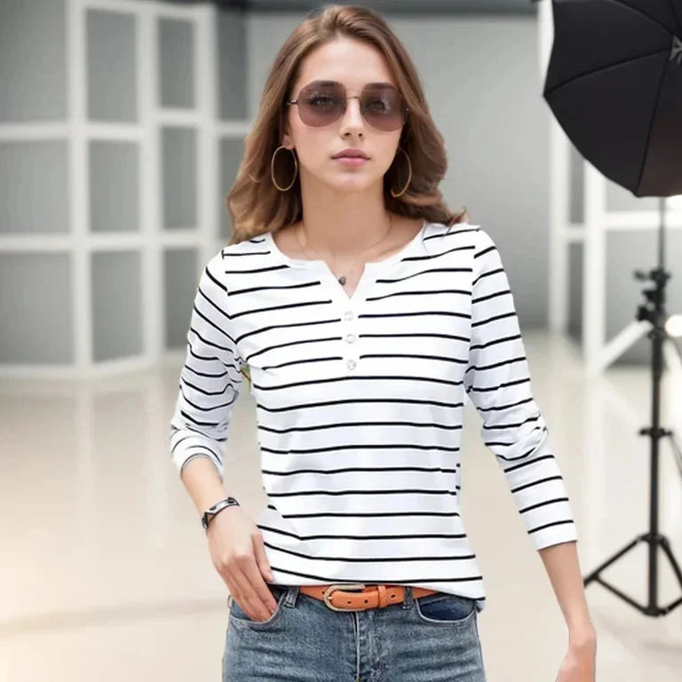 Women Spring Autumn Style Blouse shirts Tops Lady Casual Long Sleeve Striped Printed V-Neck Tops Tee - Matrix-studios.com