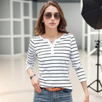 Women Spring Autumn Style Blouse shirts Tops Lady Casual Long Sleeve Striped Printed V-Neck Tops Tee - Matrix-studios.com