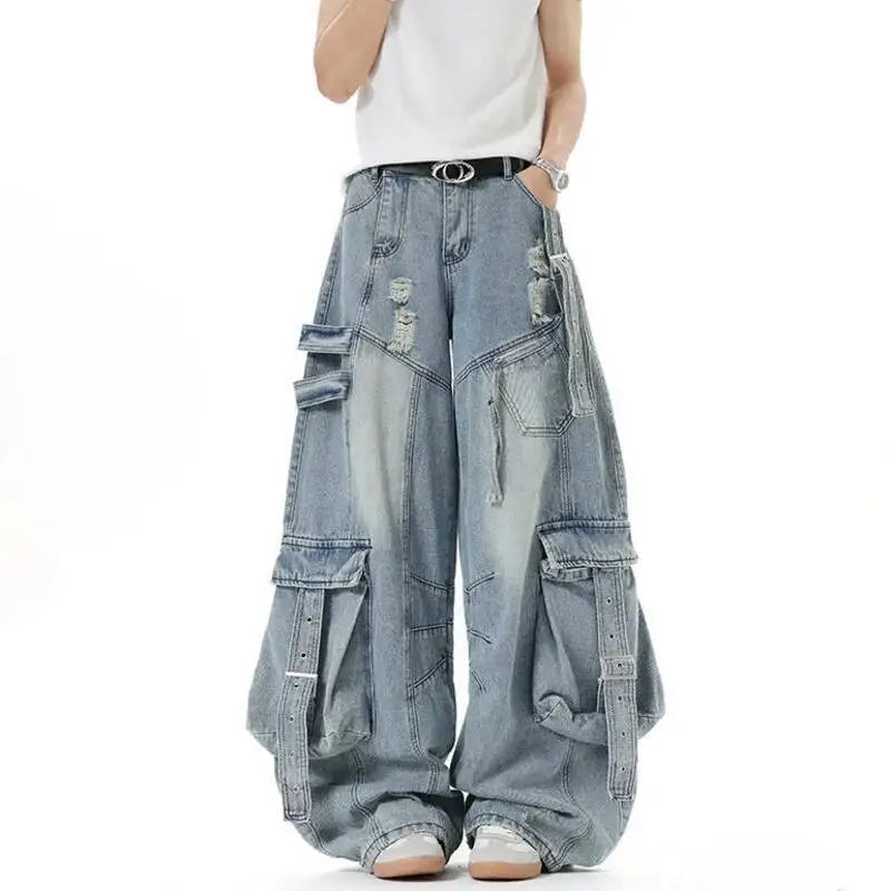 IEFB American Style Men's Jeans Solid Color Multi Pockets Casual Worn-out Trousers Deconstruction Wide Leg Denim Pants 9W4066 - Matrix Studios