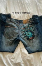 Vintage 2000s Statue of Liberty Jeans High Waisted Baggy Straight Denim Pant Streetwear Jean Hot Stamp Diamond Studded Y2k Pants - Matrix-studios.com