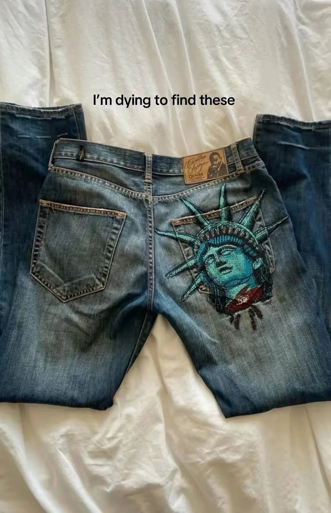 Vintage 2000s Statue of Liberty Jeans High Waisted Baggy Straight Denim Pant Streetwear Jean Hot Stamp Diamond Studded Y2k Pants - Matrix-studios.com
