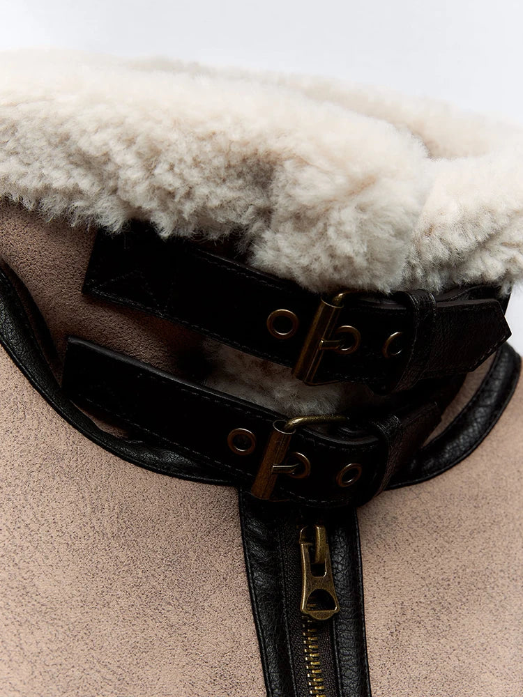 Ailegogo Streetwear Women Retro Loose Spliced Faux Leather Soft Fur Short Jacket Winter Female Zipper Belt Coat Vintage Outwear - Matrix Studios
