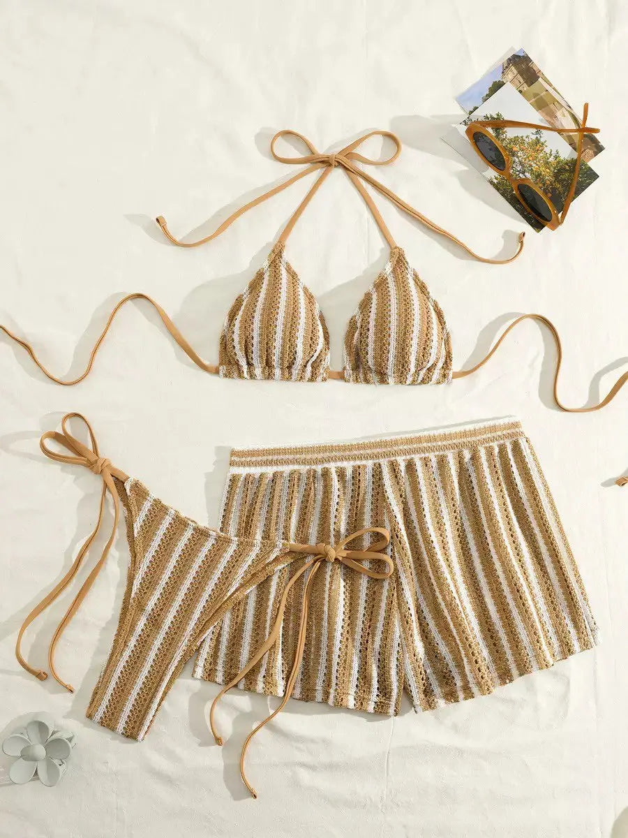 2026 new style boxer shorts mesh three-piece women's swimsuit neck lace-up bikini set - Matrix-studios.com