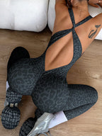Sexy Leopard Print Sports Jumpsuits for Women V-neck Backless Yoga Bodysuit Female Sleeveless Tight Gym Running Fitness Overalls - Matrix Studios