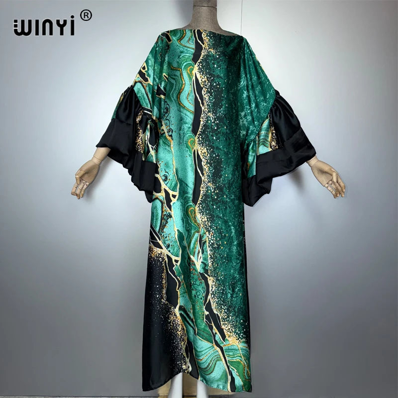 WINYI Summer Puff(ed) Sleeves Evening Dress Abaya Dubai Luxury Female Loose Print Kaftan Muslim Woman Clothing Beach Dress - Matrix-studios.com