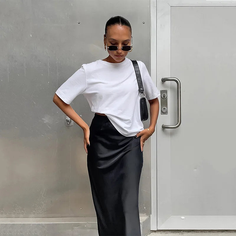 Elegant Satin Black Trumpet Skirts Fashion Slim High Waist Skirts Women Female Solid Office Long Skirt Spring Summer - Matrix-studios.com