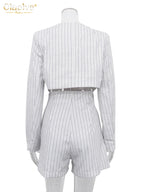 Clacive Fashion Stripe Print 2 Piece Sets Women Elegant Slim Long Sleeve Irregular Top With High Waist Shorts Set Streetwear - Matrix-studios.com