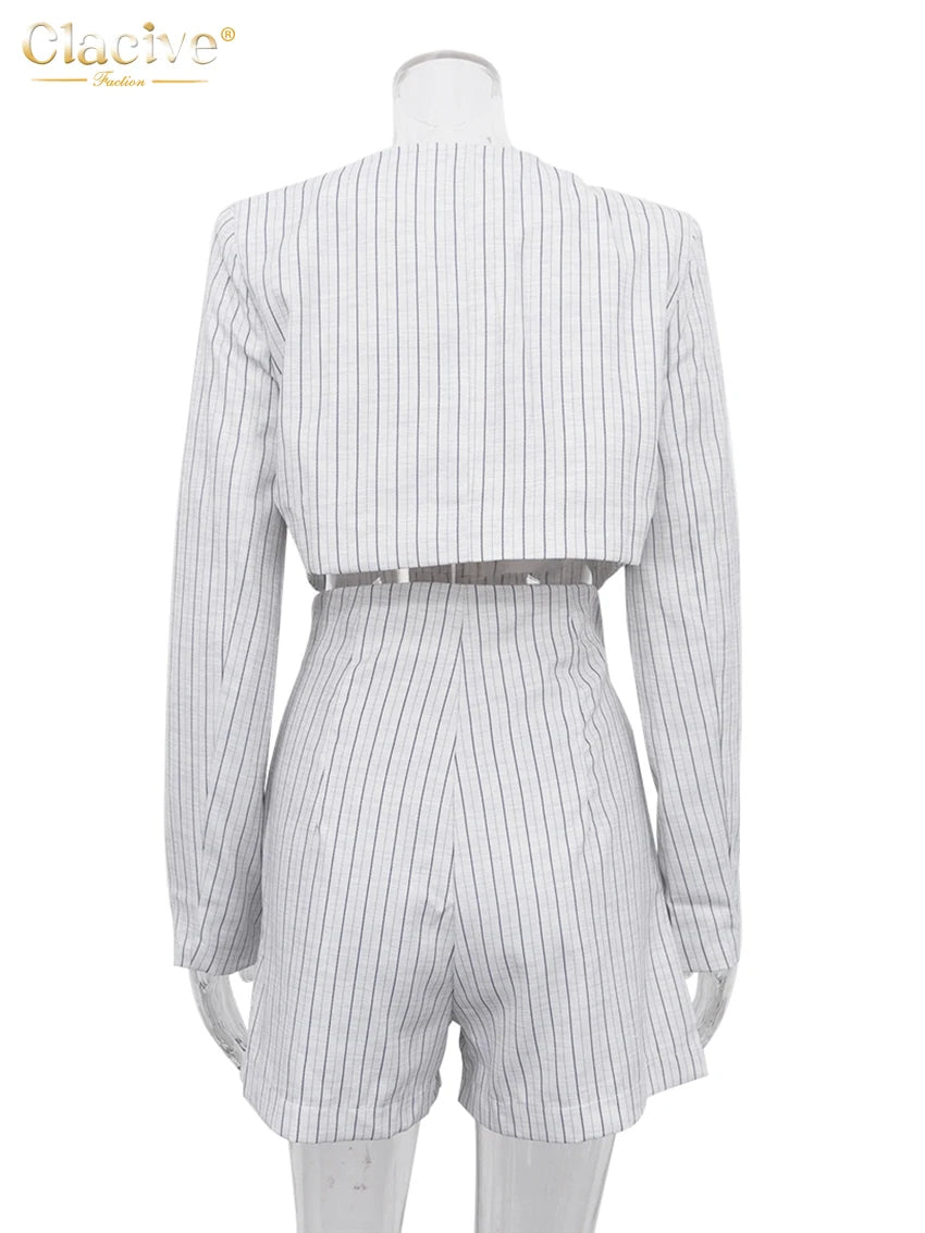 Clacive Fashion Stripe Print 2 Piece Sets Women Elegant Slim Long Sleeve Irregular Top With High Waist Shorts Set Streetwear - Matrix-studios.com