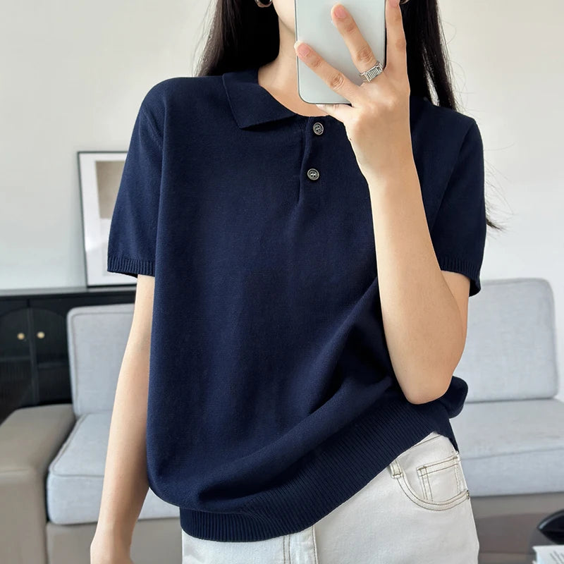 Summer 100% Pure Cotton Women's T-Shirt Casual Solid Color Knitted Pullover Short Sleeved Loose POLO Collar Tees Pull Vest Tops - Matrix-studios.com