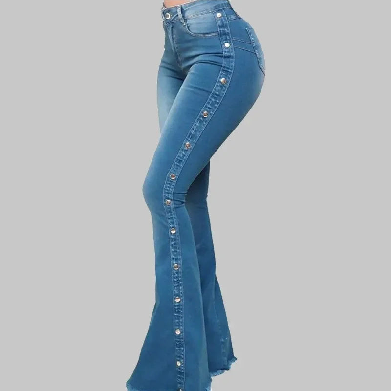 Jeans High Waist Strecth Denim Flare Pants Women Vintage Trousers Buttons Denims Streetwear 2024 Autumn Female Floor Length - Matrix-studios.com