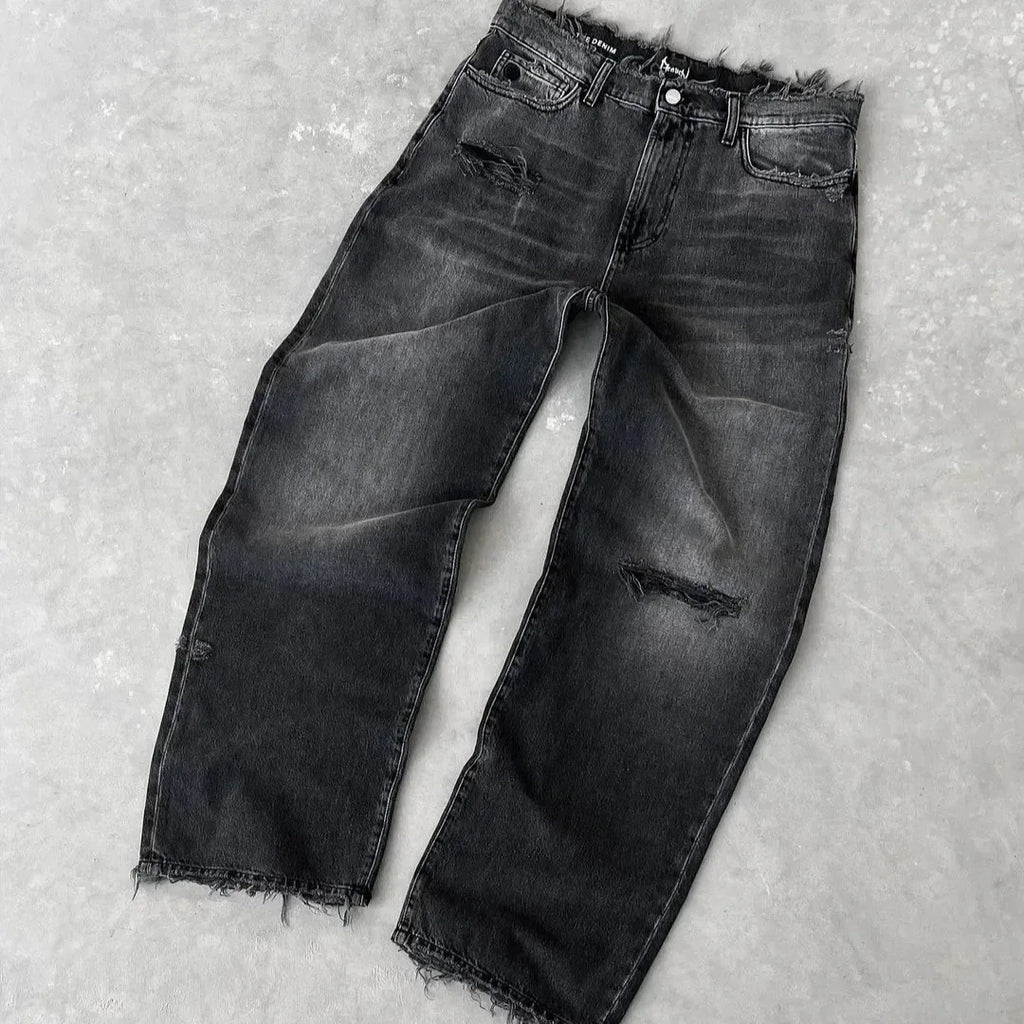 Straight Jeans Distressed Men Jean Ripped Holes Washed Denim Pants Ankle Length Loose Solid Zipper Fly Pockets Casual 2025 - Matrix Studios