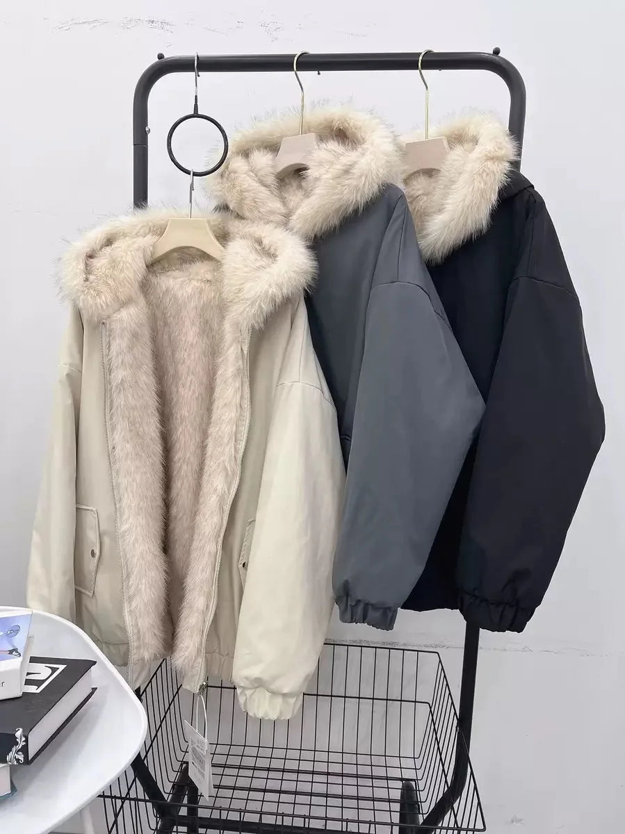 Double-Sided Warm Fur Coat Women Autumn Winter Loose Thicken Plush Cotton Coat 2025 New Women Hooded Imitation Mink Fur Outwear - Matrix Studios