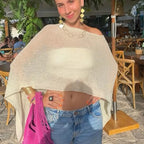 Boho Beach Vacation Cover-ups Irregular Knitted Crop Tops Y2k Aesthetic Vintage Smocked T-shirt Summer Going Out Pullovers Tees - Matrix Studios