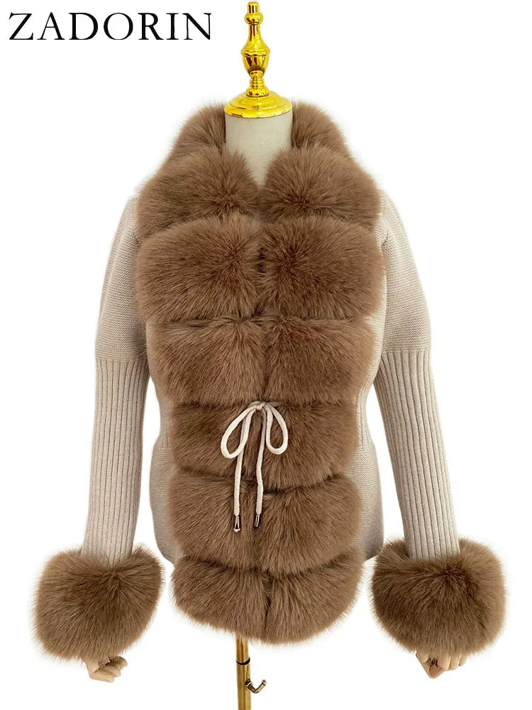 ZADORIN Autumn Winter Women Faux Fur Coat Luxury Knitted Sweater Fur Cardigan Detachable Collar White Pink Jacket Faux Fur Coats - Matrix Studios
