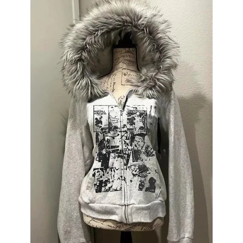 American Vintage Pink Furry Hoodie Women Y2K Harajuku Faux Fur Collar Jacket Fashion Slim Waist Belted Hot Girl Sweatshirt New - Matrix Studios