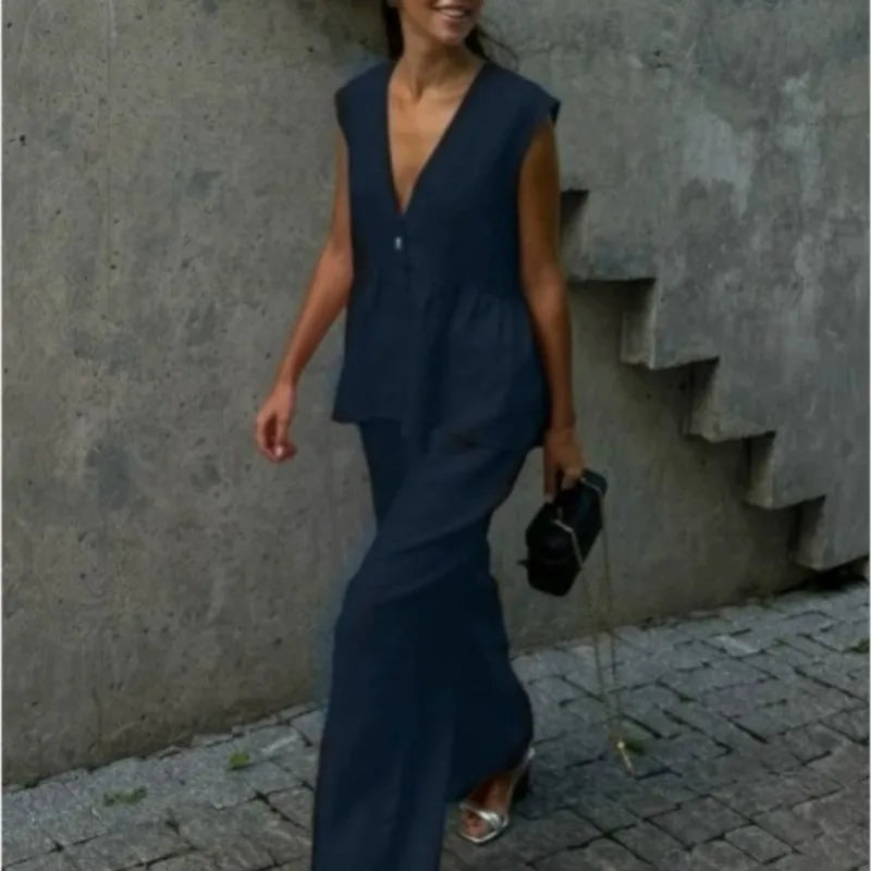 Fashion Women's Trouser Suits Sleeveless V-Neck Top Women Casual Straight Pants Sets Summer Women's Suit Commuter 2 Piece Set - Matrix-studios.com