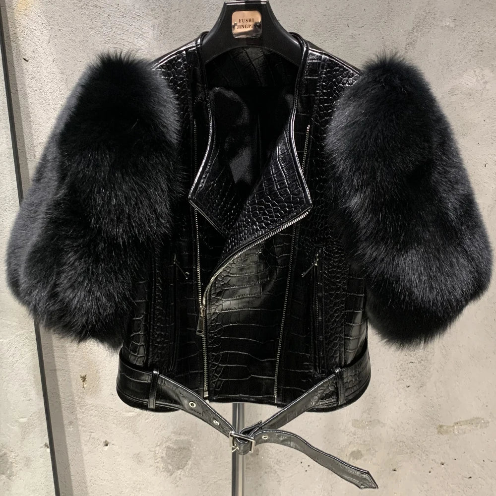 Leather Fur Jacket Natural Fur Sleeve Ladies Short Leather Jacket Real Fox Fur Sleeve Coat Women Autumn 21001-1 - Matrix Studios