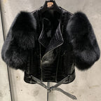 Leather Fur Jacket Natural Fur Sleeve Ladies Short Leather Jacket Real Fox Fur Sleeve Coat Women Autumn 21001-1 - Matrix Studios