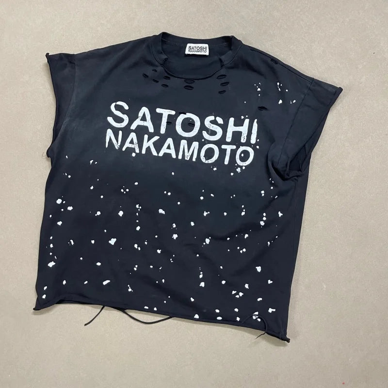 Premium Heavy Cotton Men Sleeveless T Shirt Satoshi Nakamoto Ripped Splatter Drawstring Loose Vintage Tank - Matrix-studios.com