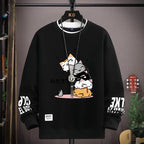 Spring Men's Sweatshirt Japan Cartoon Cats Printed Long Sleeve T-shirt Fashion Men's Clothing Khaki O Neck Harajuku Top 2024 New - Matrix Studios