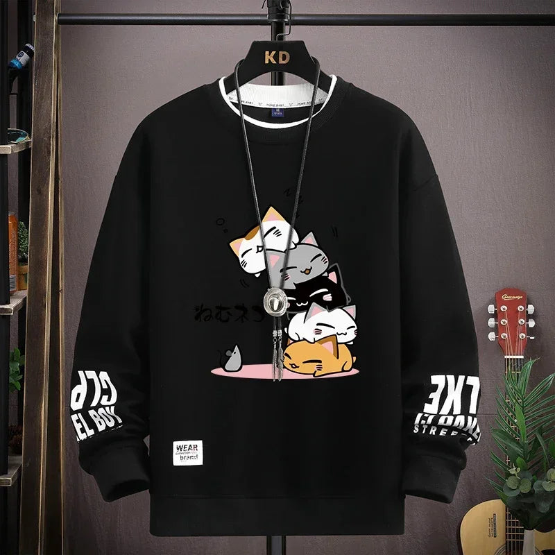 Spring Men's Sweatshirt Japan Cartoon Cats Printed Long Sleeve T-shirt Fashion Men's Clothing Khaki O Neck Harajuku Top 2024 New - Matrix Studios