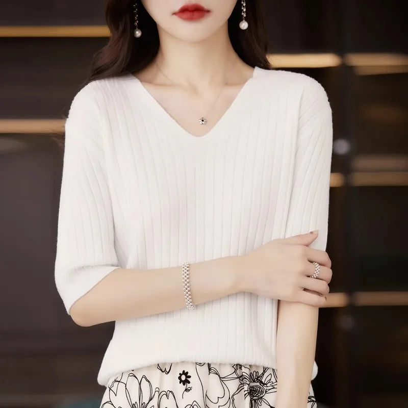 Women's Sweater Spring Summer Short Sleeve V-neck Knit Shirt Casual Korean Pullovers Stripe Bottoming Shirt Slim Fit Jumpers - Matrix Studios