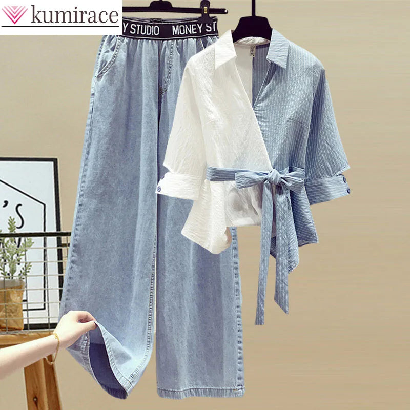 2025 Summer New Stitched Chiffon Shirt Female Set Elegant Women's Jeans Casual Blouse Two Piece Set Ladies Tracksuits - Matrix-studios.com